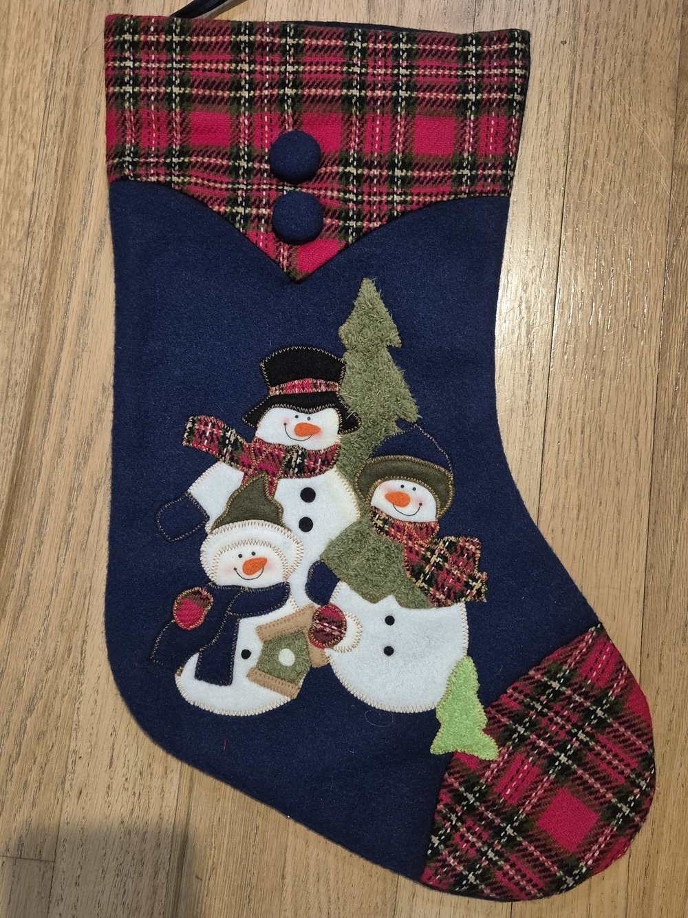 Vintage Style Snowman Family Christmas Stocking Plaid Trim Felt Applique
